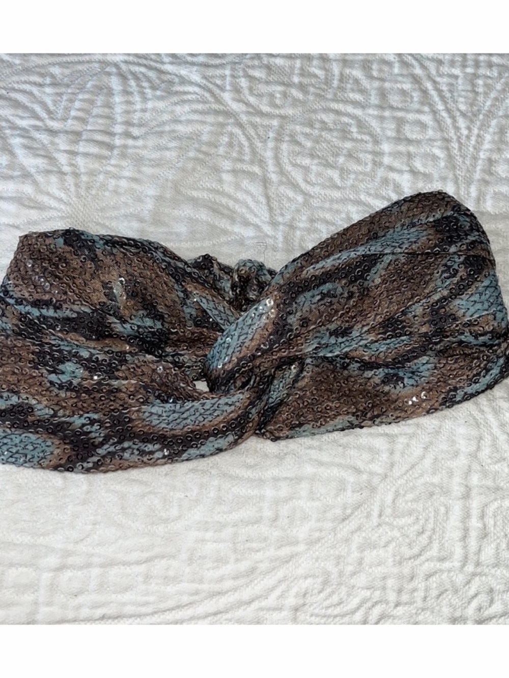 Zara Sequin Twist Headband in Brown and Teal